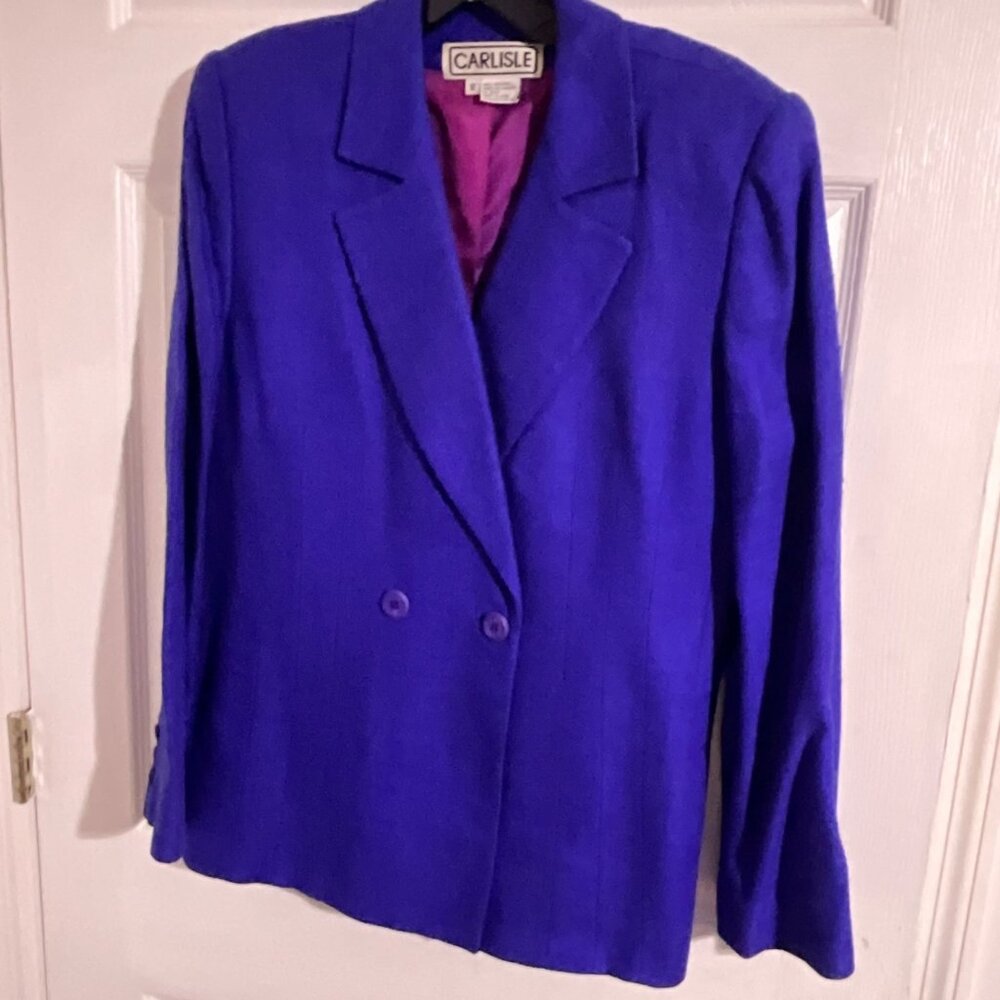 Carlisle Vtg Women's 12 Double-Breasted Royal Blue Wool‎ Blazer